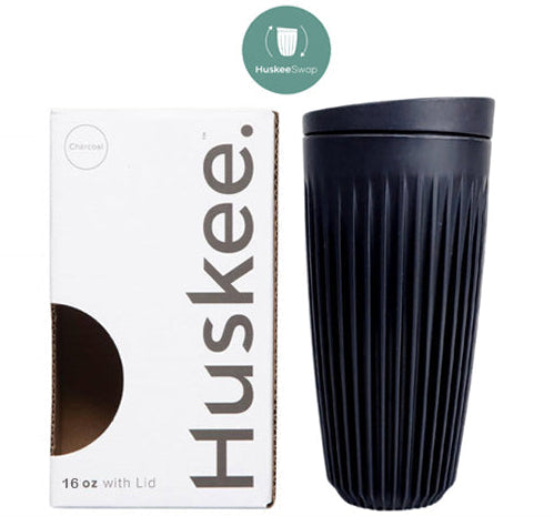 Huskee Coffee Cup + Lid Charcoal/Natural [473ml/16oz] Eco-Friendly Non Toxic