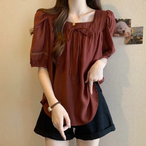 Plus Size Square Neck Ribbon Top