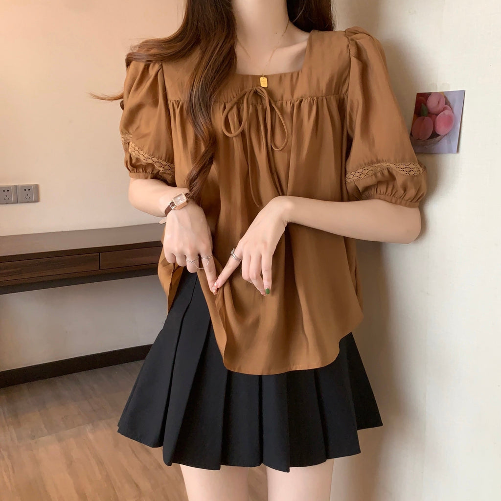 Plus Size Square Neck Ribbon Top