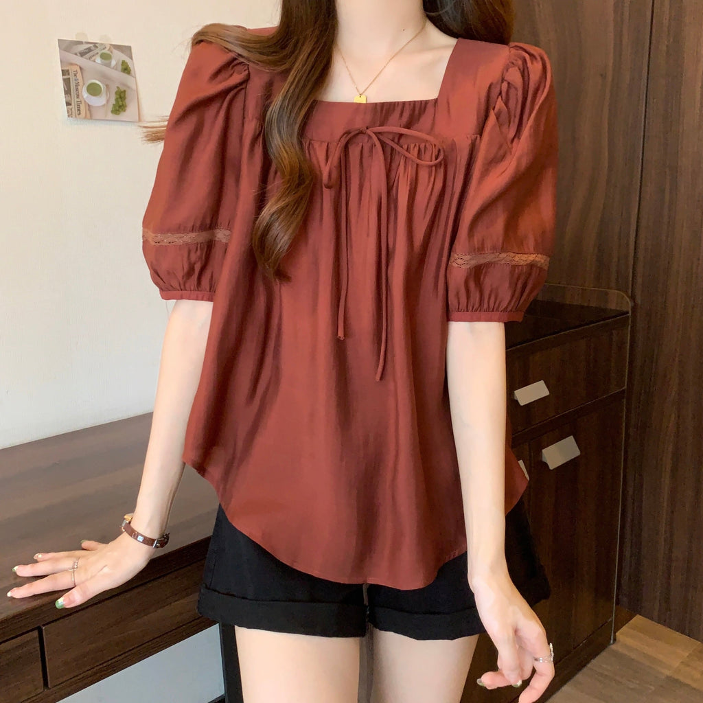 Plus Size Square Neck Ribbon Top