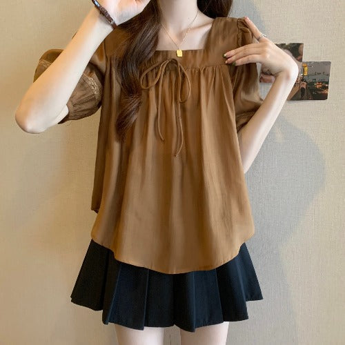 Plus Size Square Neck Ribbon Top