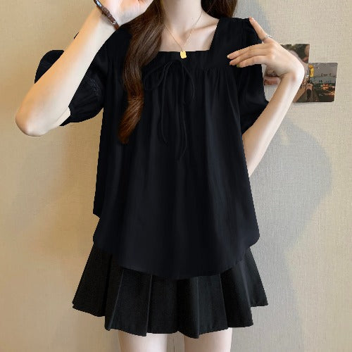 Plus Size Square Neck Ribbon Top