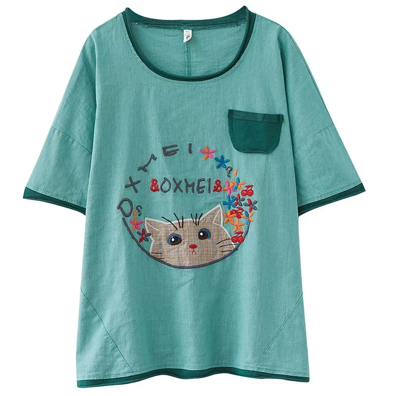 Plus Size Cat Embroidery Cute Top (EXTRA BIG SIZE)