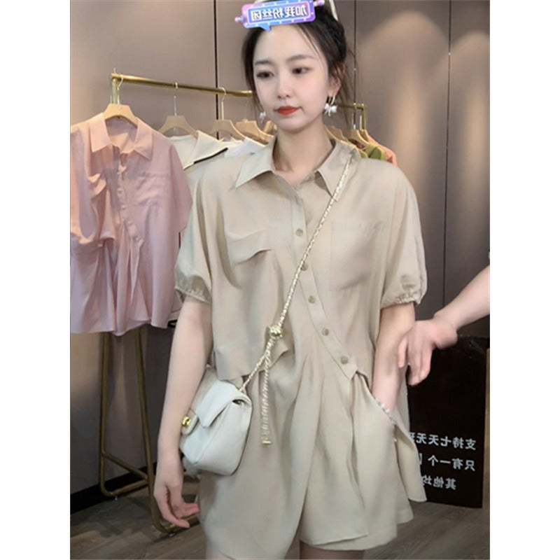 Plus Size Korean Loose Shirt Blouse and Shorts Set
