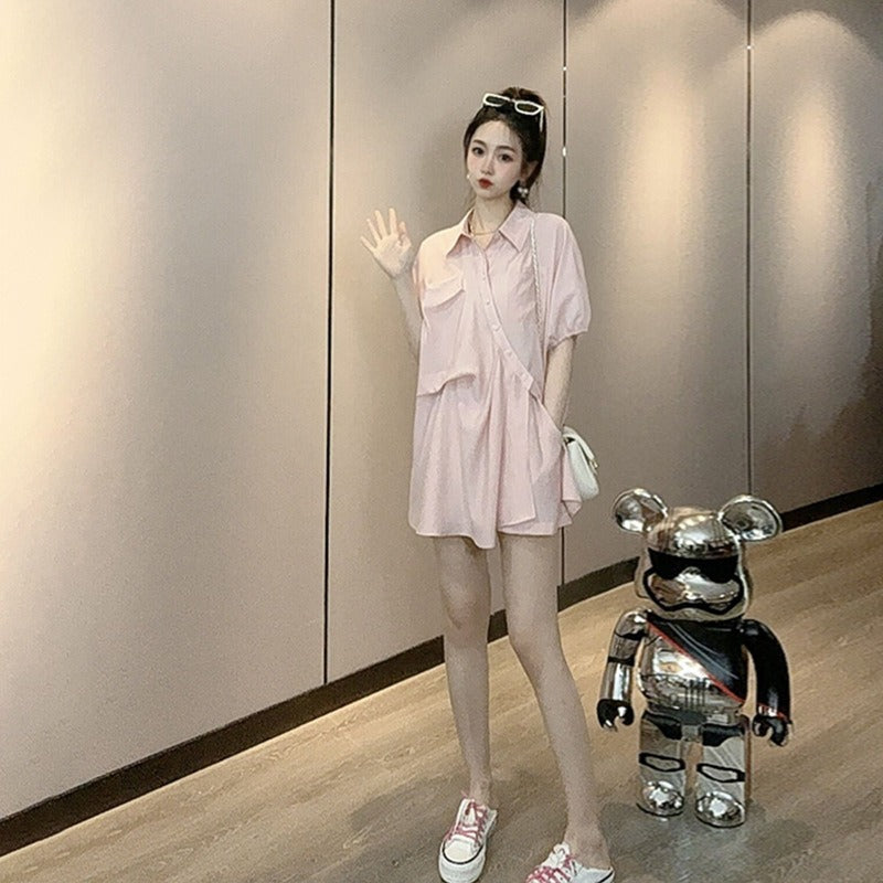 Plus Size Korean Loose Shirt Blouse and Shorts Set