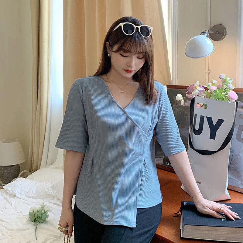 Plus Size Korean Wrap V Neck Blouse