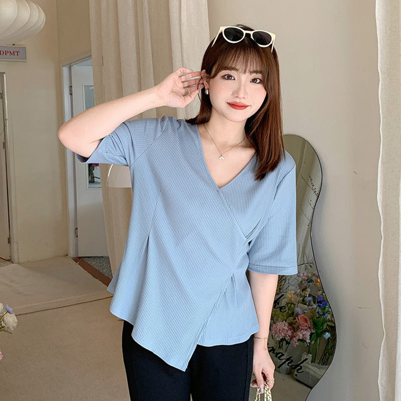 Plus Size Korean Wrap V Neck Blouse