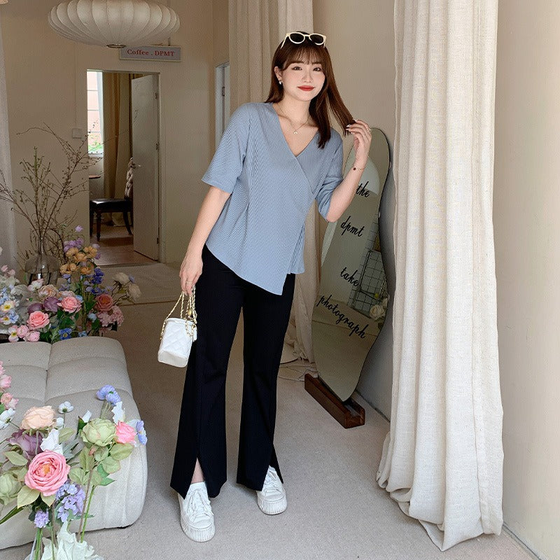 Plus Size Korean Wrap V Neck Blouse