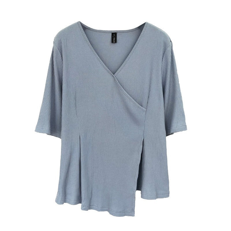 Plus Size Korean Wrap V Neck Blouse