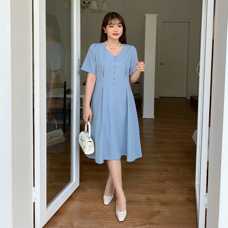 Plus Size Korean Buttons A Line Dress