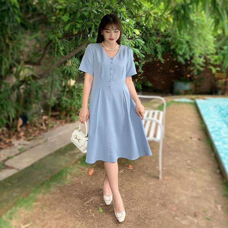 Plus Size Korean Buttons A Line Dress