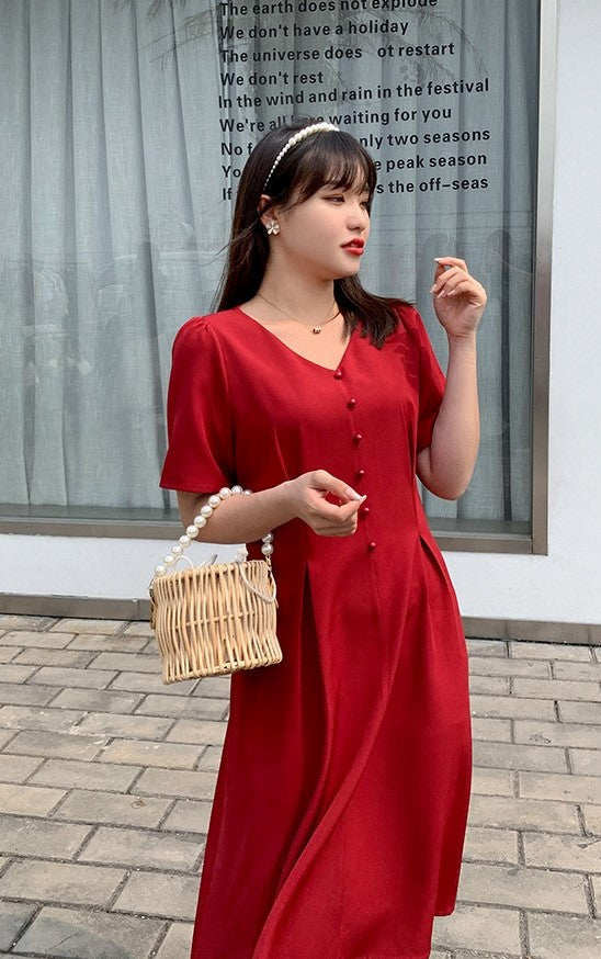 Plus Size Korean Buttons A Line Dress