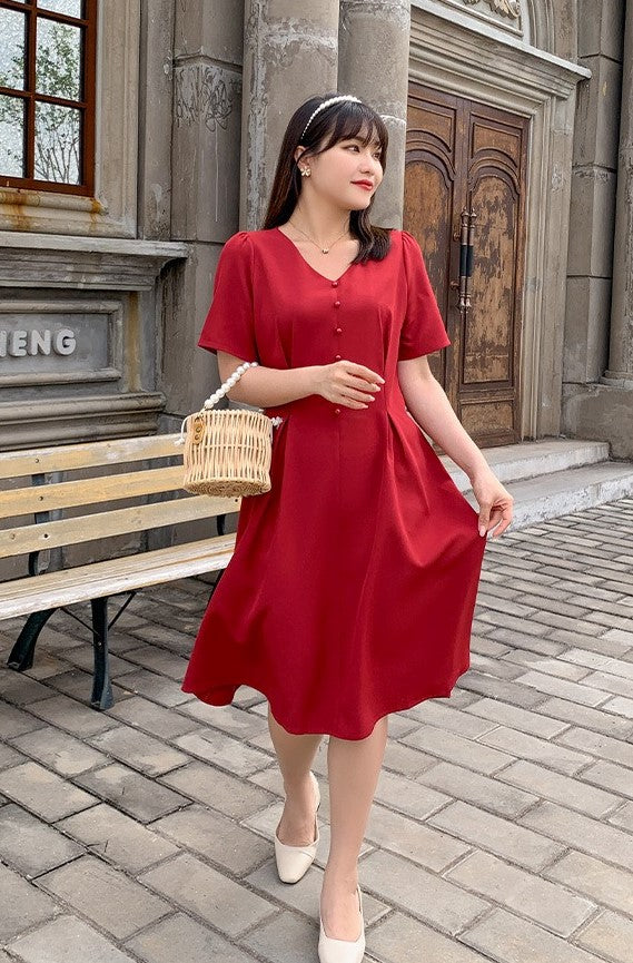 Plus Size Korean Buttons A Line Dress