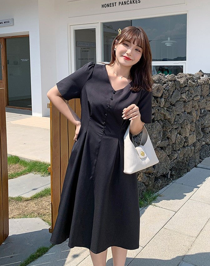 Plus Size Korean Buttons A Line Dress
