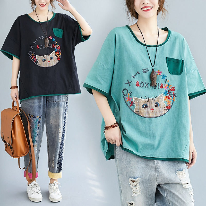 Plus Size Cat Embroidery Cute Top (EXTRA BIG SIZE)