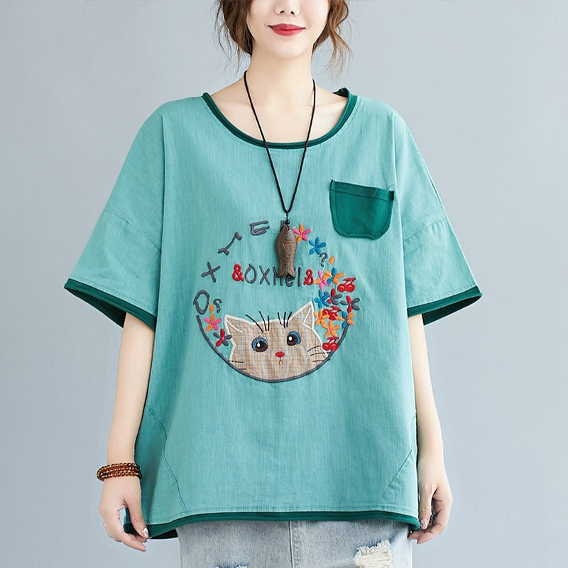 Plus Size Cat Embroidery Cute Top (EXTRA BIG SIZE)