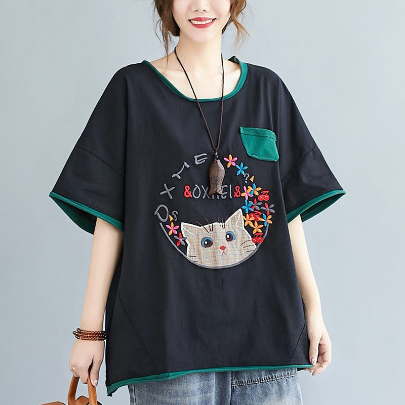 Plus Size Cat Embroidery Cute Top (EXTRA BIG SIZE)