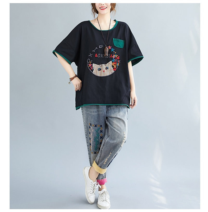 Plus Size Cat Embroidery Cute Top (EXTRA BIG SIZE)