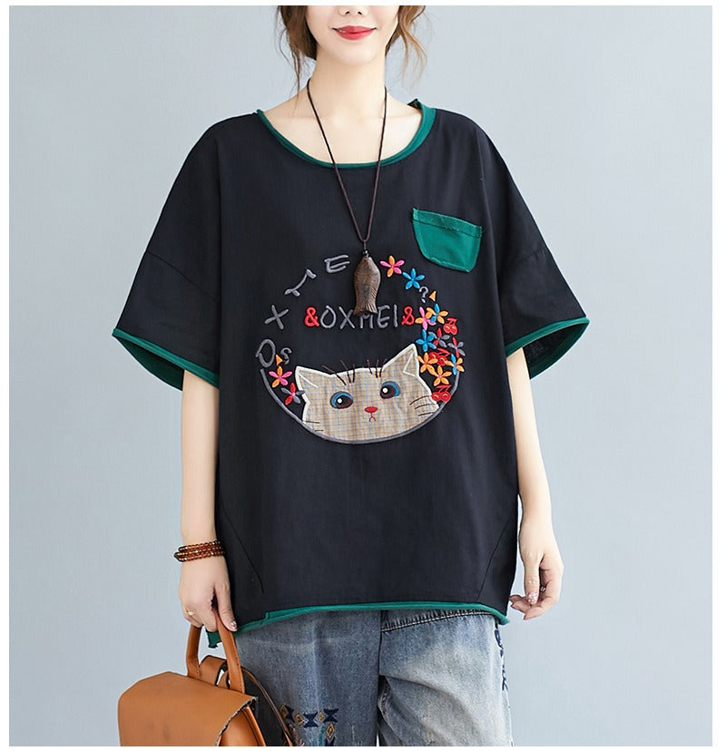 Plus Size Cat Embroidery Cute Top (EXTRA BIG SIZE)