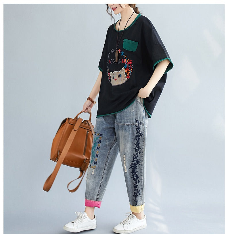 Plus Size Cat Embroidery Cute Top (EXTRA BIG SIZE)