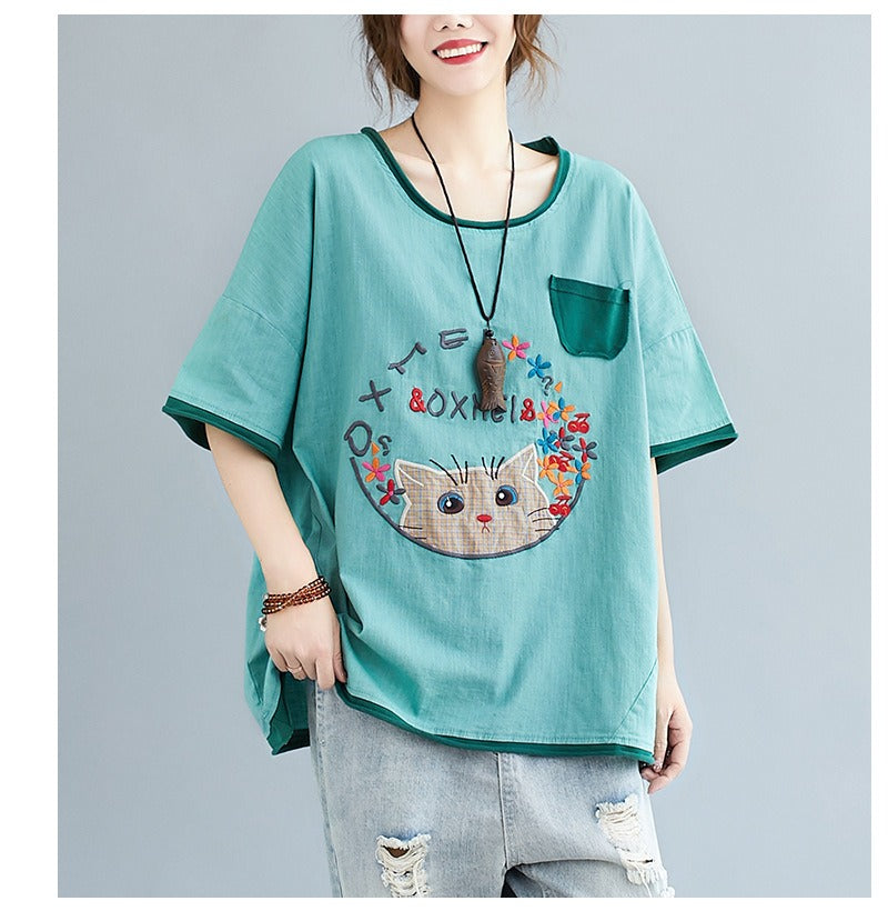Plus Size Cat Embroidery Cute Top (EXTRA BIG SIZE)