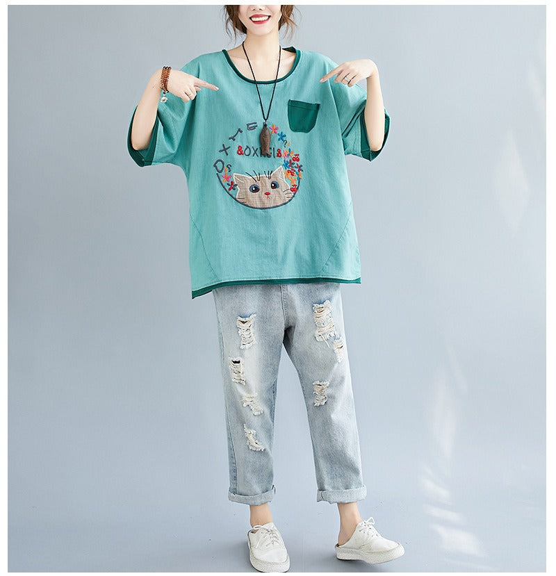 Plus Size Cat Embroidery Cute Top (EXTRA BIG SIZE)