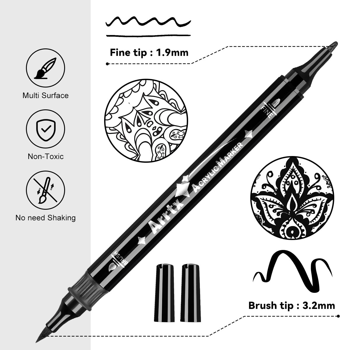 Arrtx 8 Black Acrylic Paint Markers Dual Tip