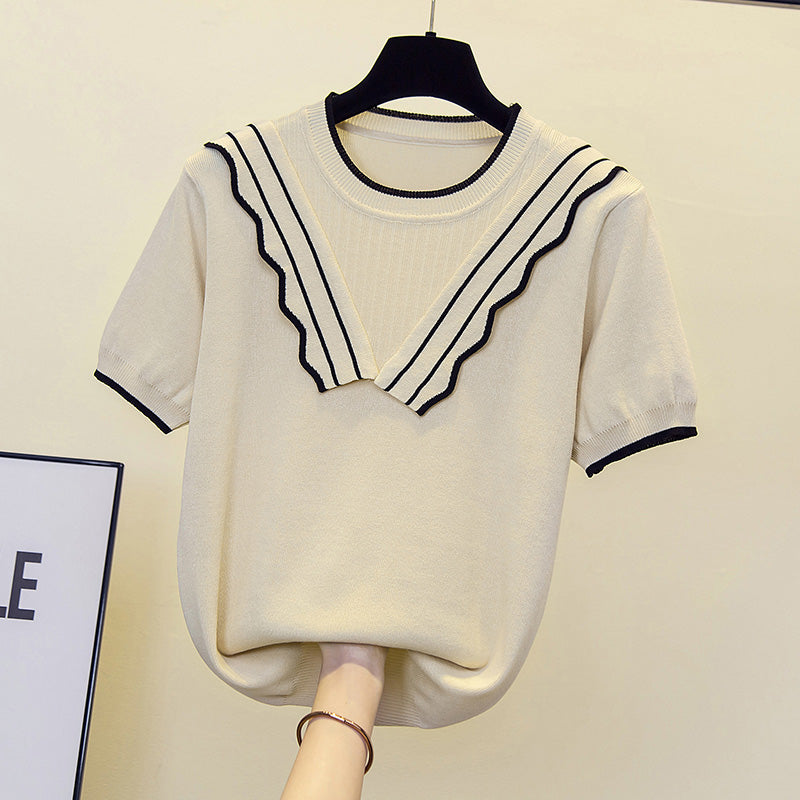 Plus Size Frill Round Neck Knit Blouse