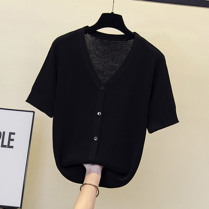 Plus Size V Neck Buttons Knit Blouse