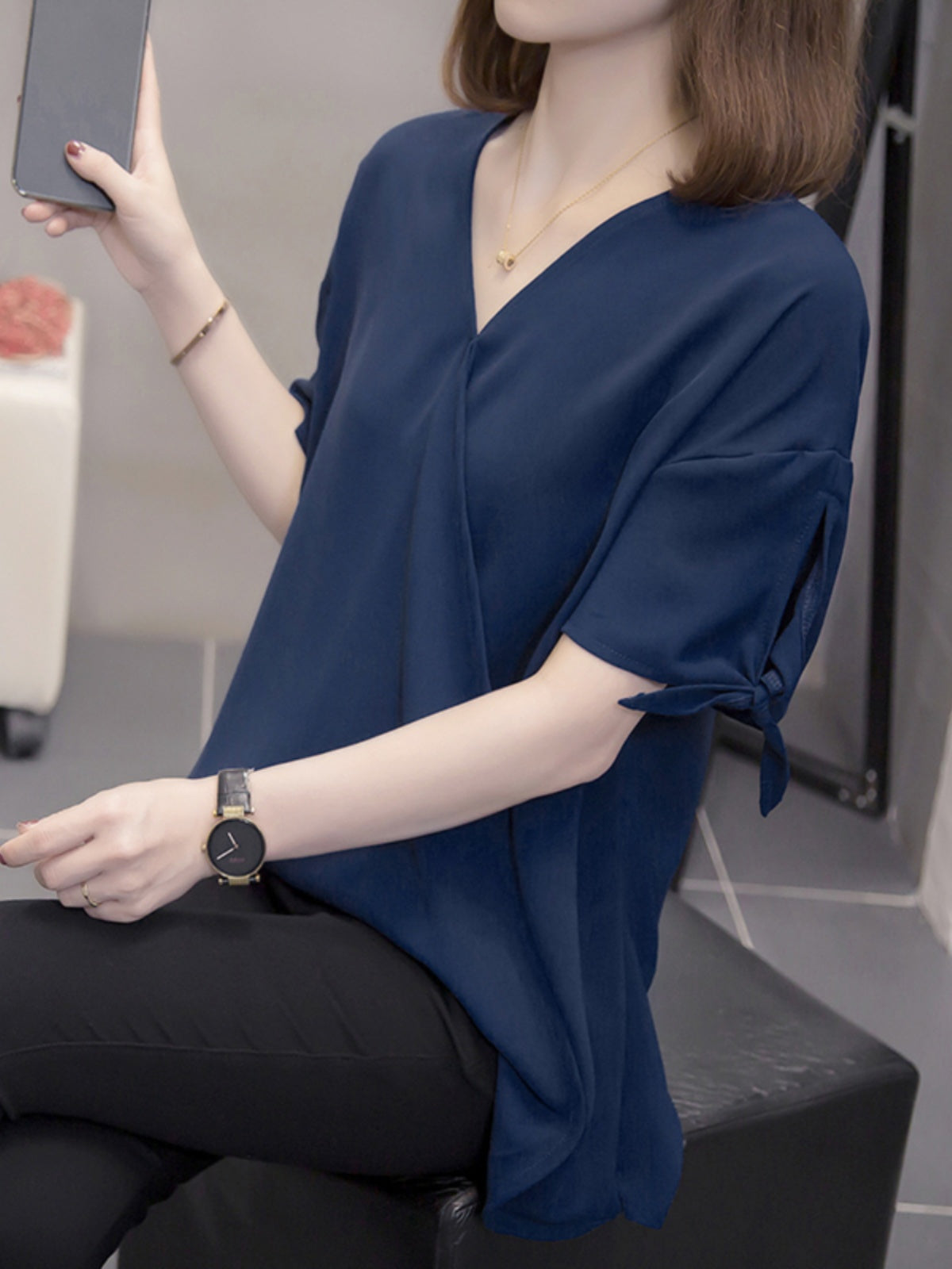 Plus Size Navy Chiffon Wrap V Neck Blouse