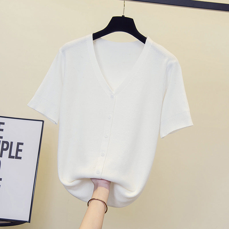 Plus Size V Neck Buttons Knit Blouse