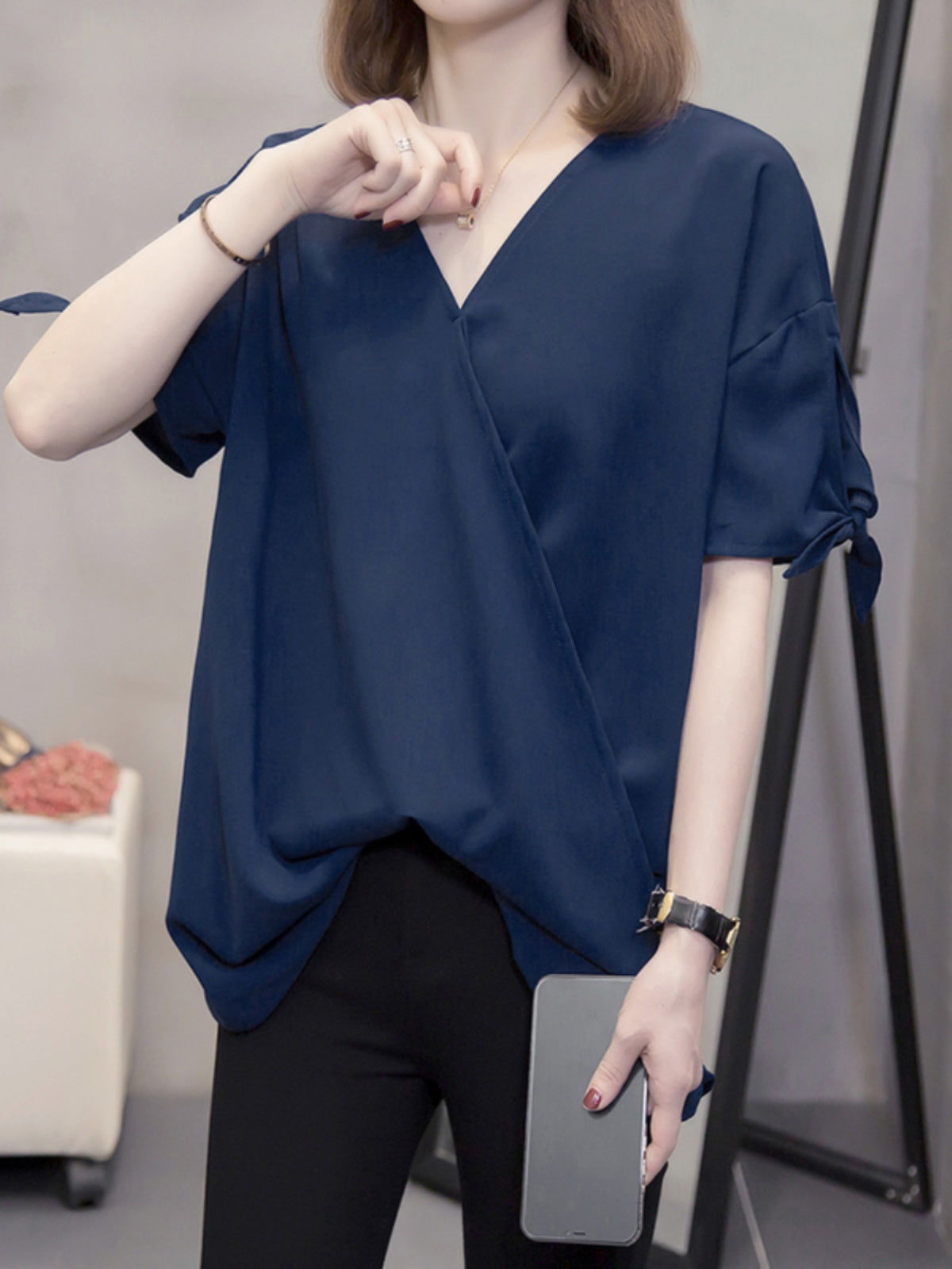 Plus Size Navy Chiffon Wrap V Neck Blouse