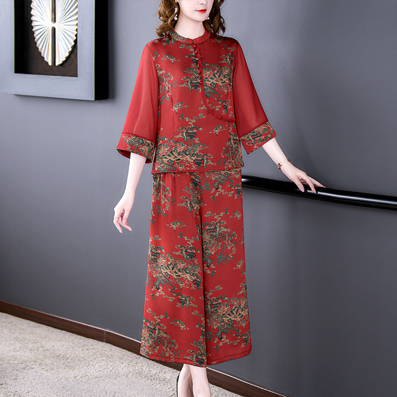 Plus Size Royal Oriental Blouse and Pants Set