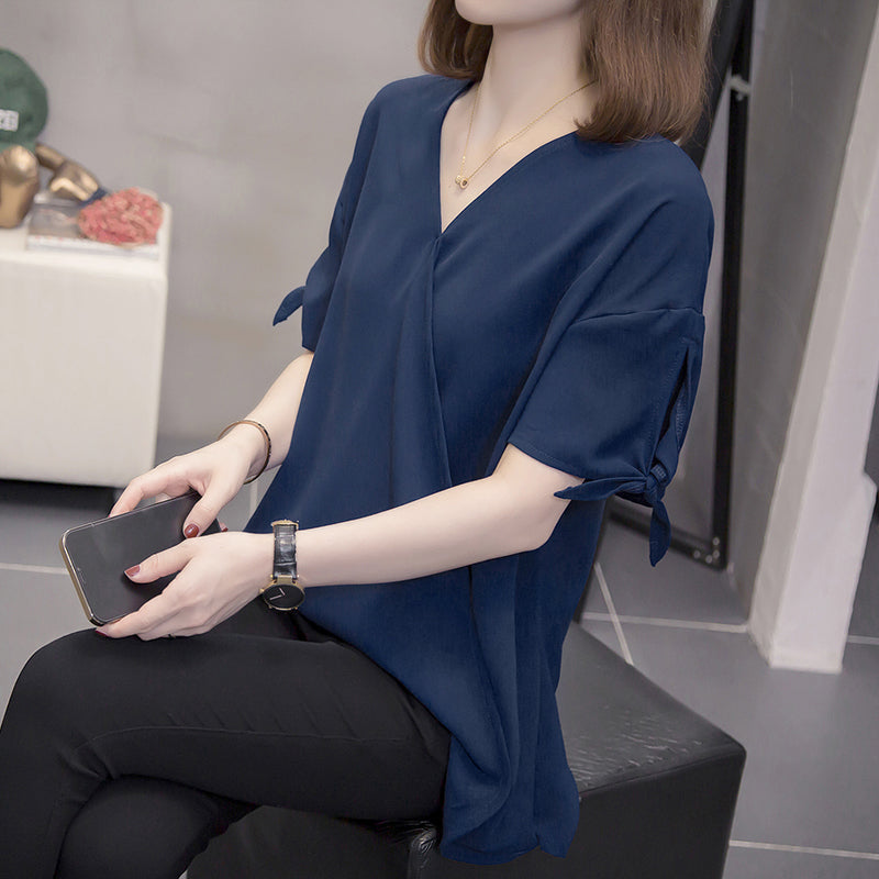 Plus Size Navy Chiffon Wrap V Neck Blouse