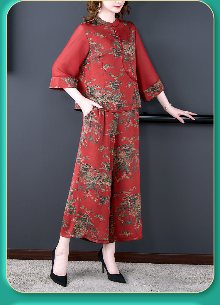 Plus Size Royal Oriental Blouse and Pants Set