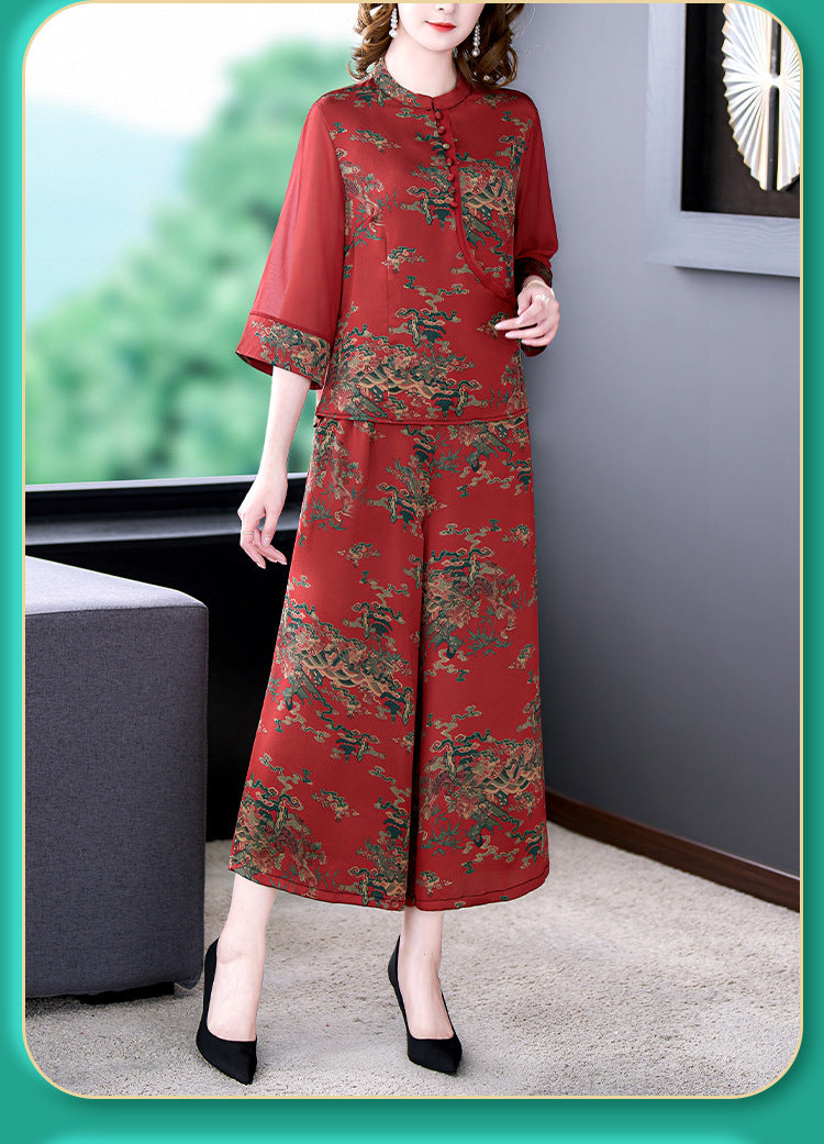 Plus Size Royal Oriental Blouse and Pants Set