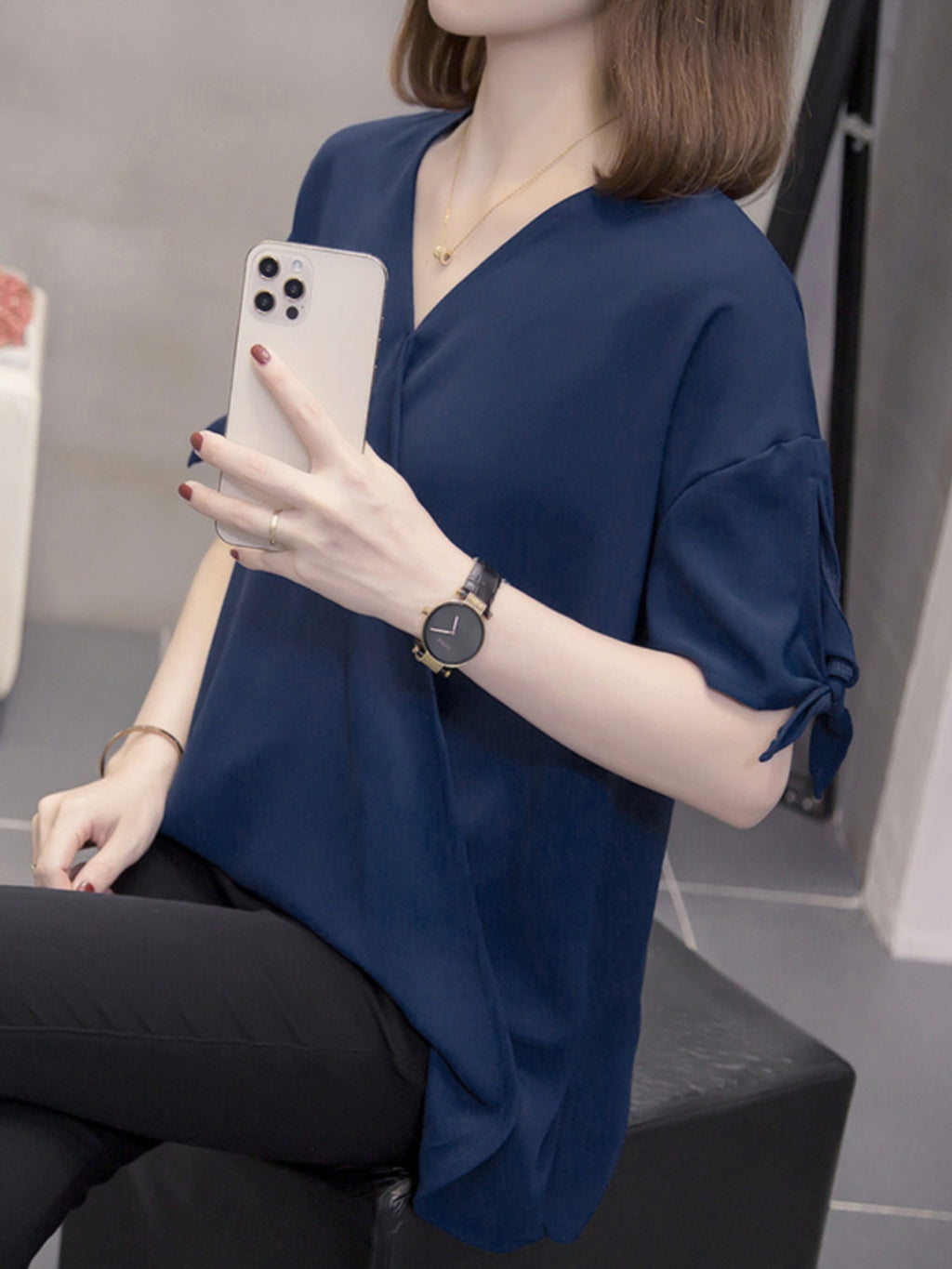 Plus Size Navy Chiffon Wrap V Neck Blouse