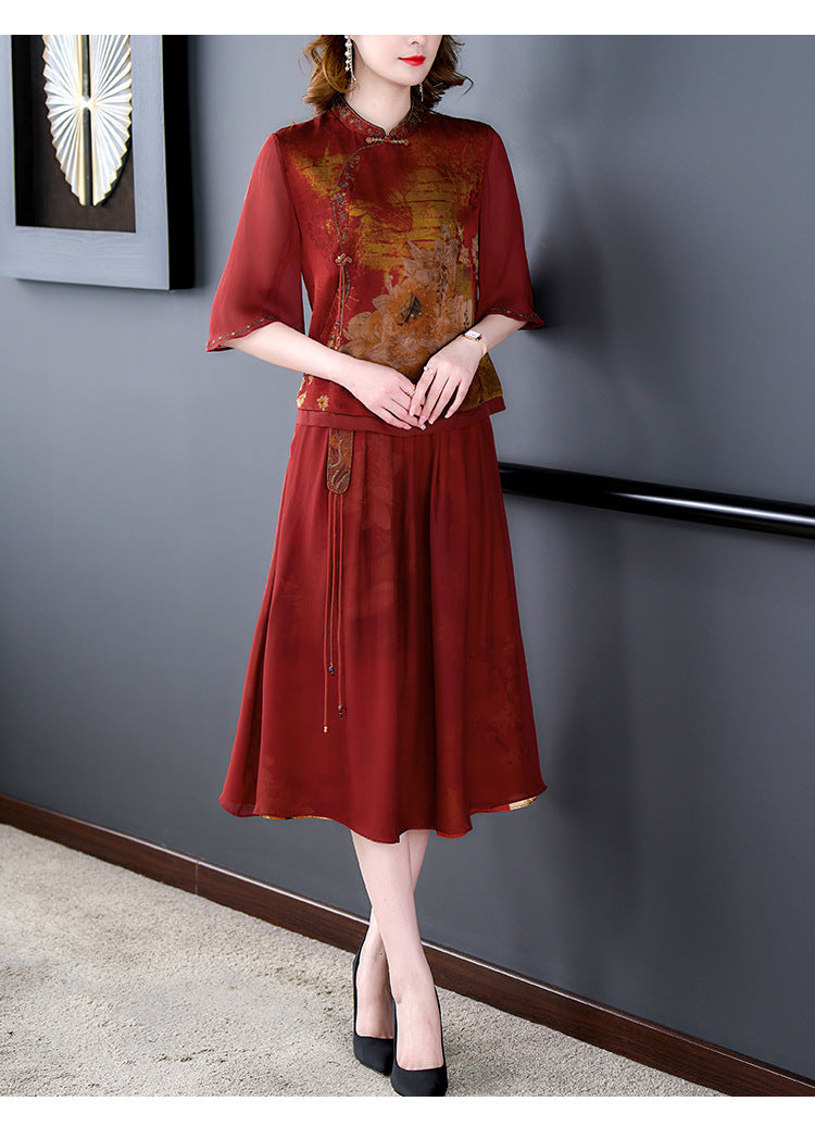 Plus Size Oriental Cheongsam Blouse and Skirt Set