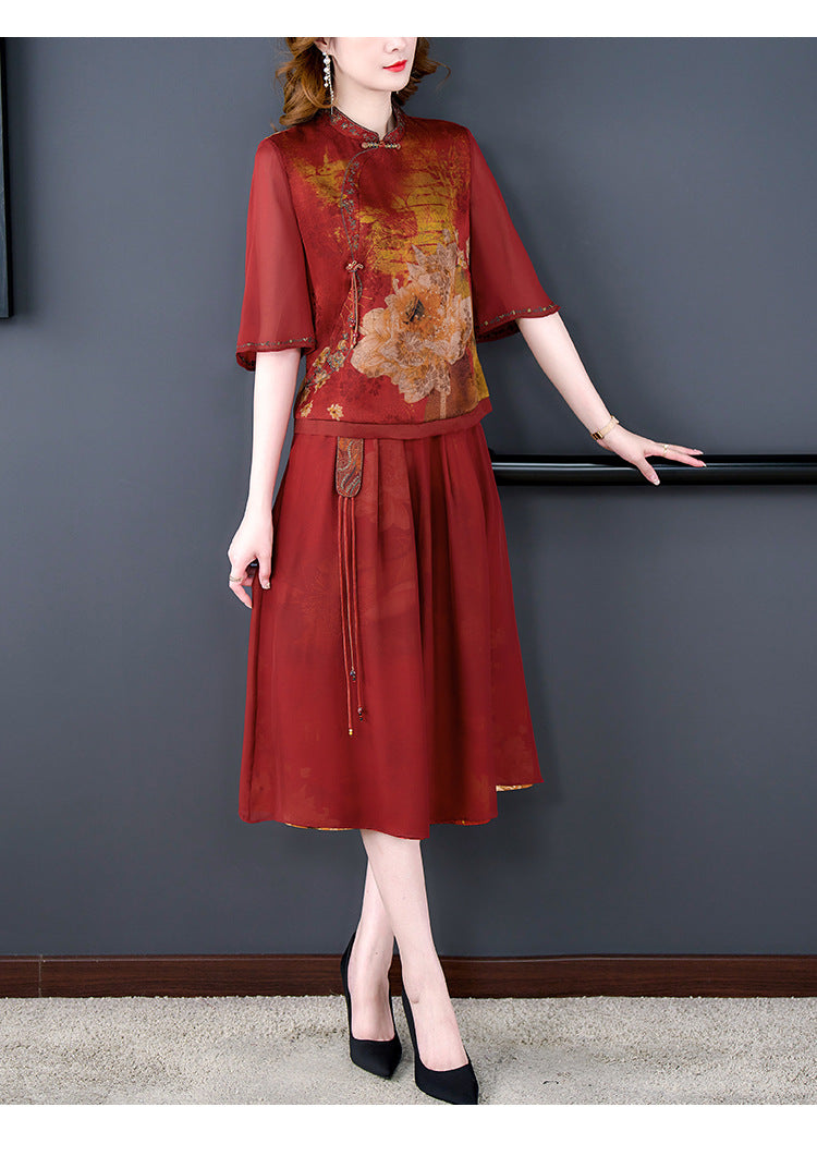 Plus Size Oriental Cheongsam Blouse and Skirt Set
