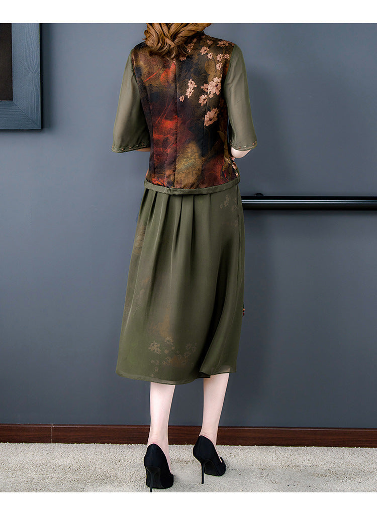 Plus Size Oriental Cheongsam Blouse and Skirt Set