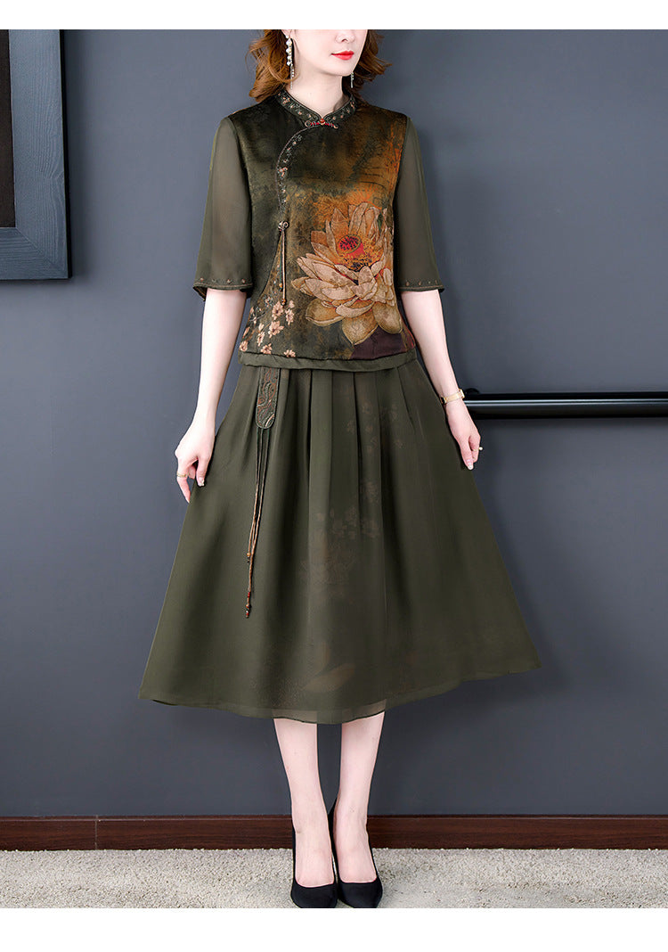 Plus Size Oriental Cheongsam Blouse and Skirt Set