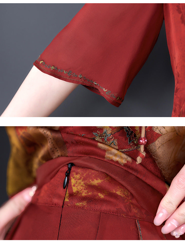 Plus Size Oriental Cheongsam Blouse and Skirt Set