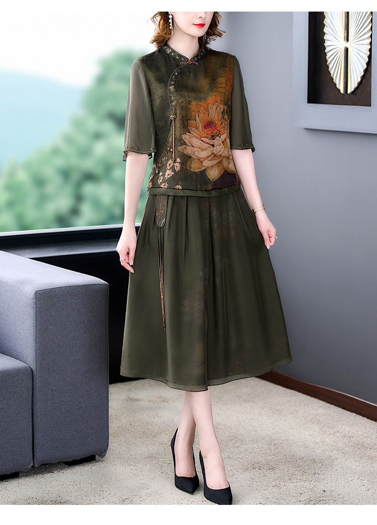 Plus Size Oriental Cheongsam Blouse and Skirt Set