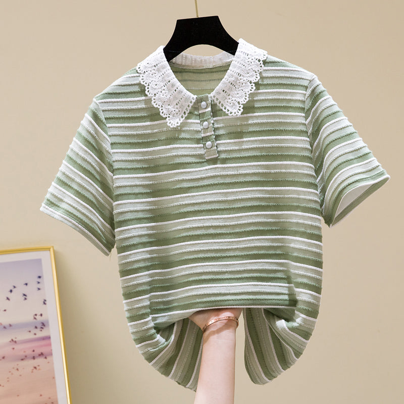 Plus Size Korean Stripes Lace Collar Polo Blouse