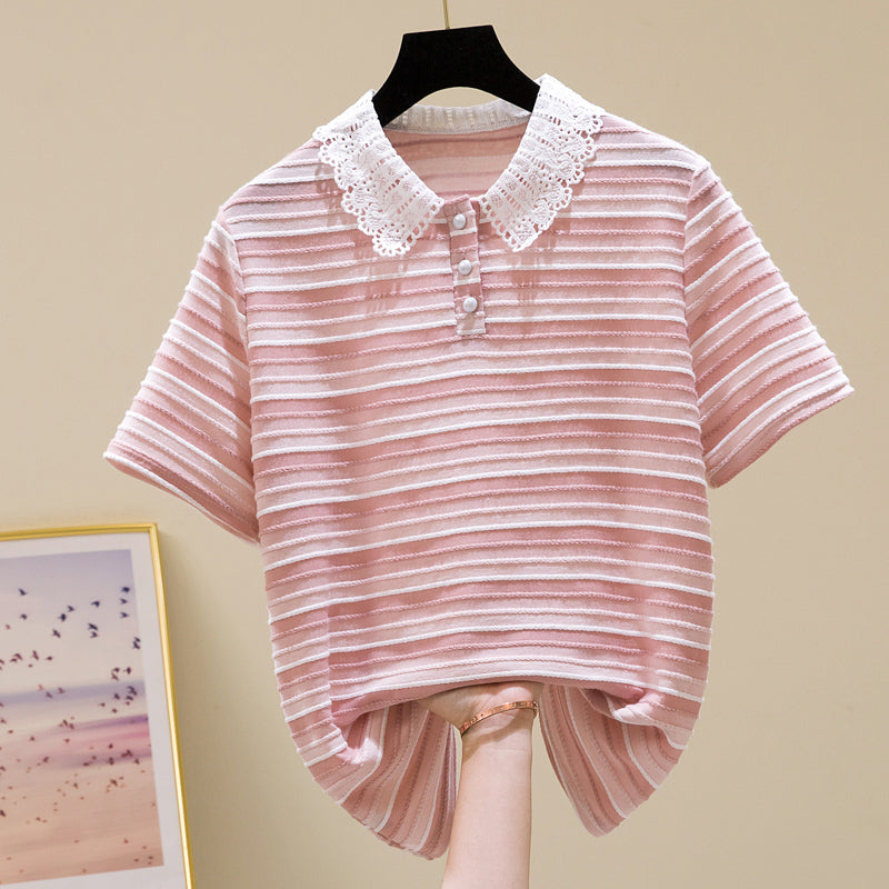 Plus Size Korean Stripes Lace Collar Polo Blouse