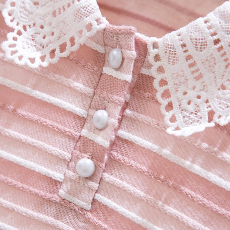 Plus Size Korean Stripes Lace Collar Polo Blouse