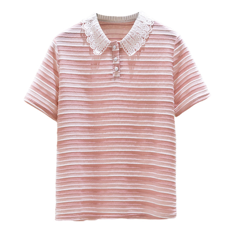 Plus Size Korean Stripes Lace Collar Polo Blouse