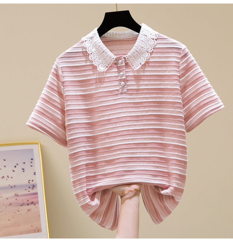 Plus Size Korean Stripes Lace Collar Polo Blouse