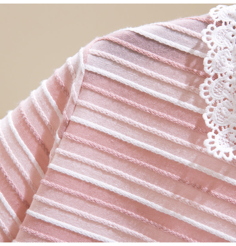 Plus Size Korean Stripes Lace Collar Polo Blouse