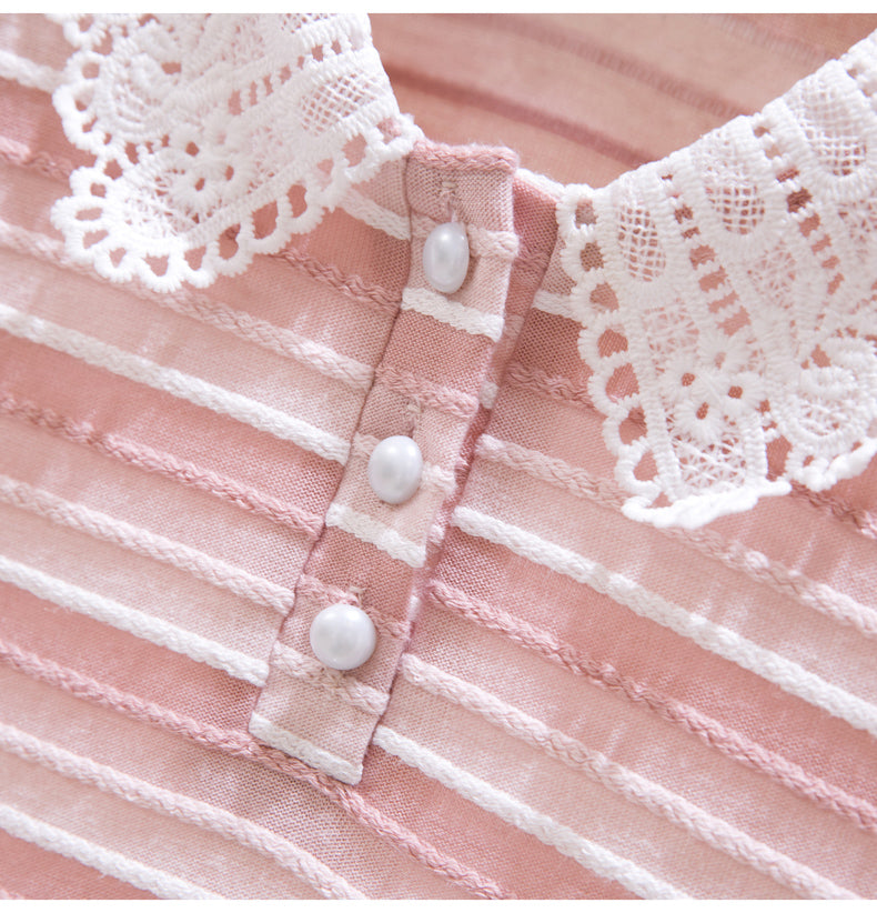 Plus Size Korean Stripes Lace Collar Polo Blouse